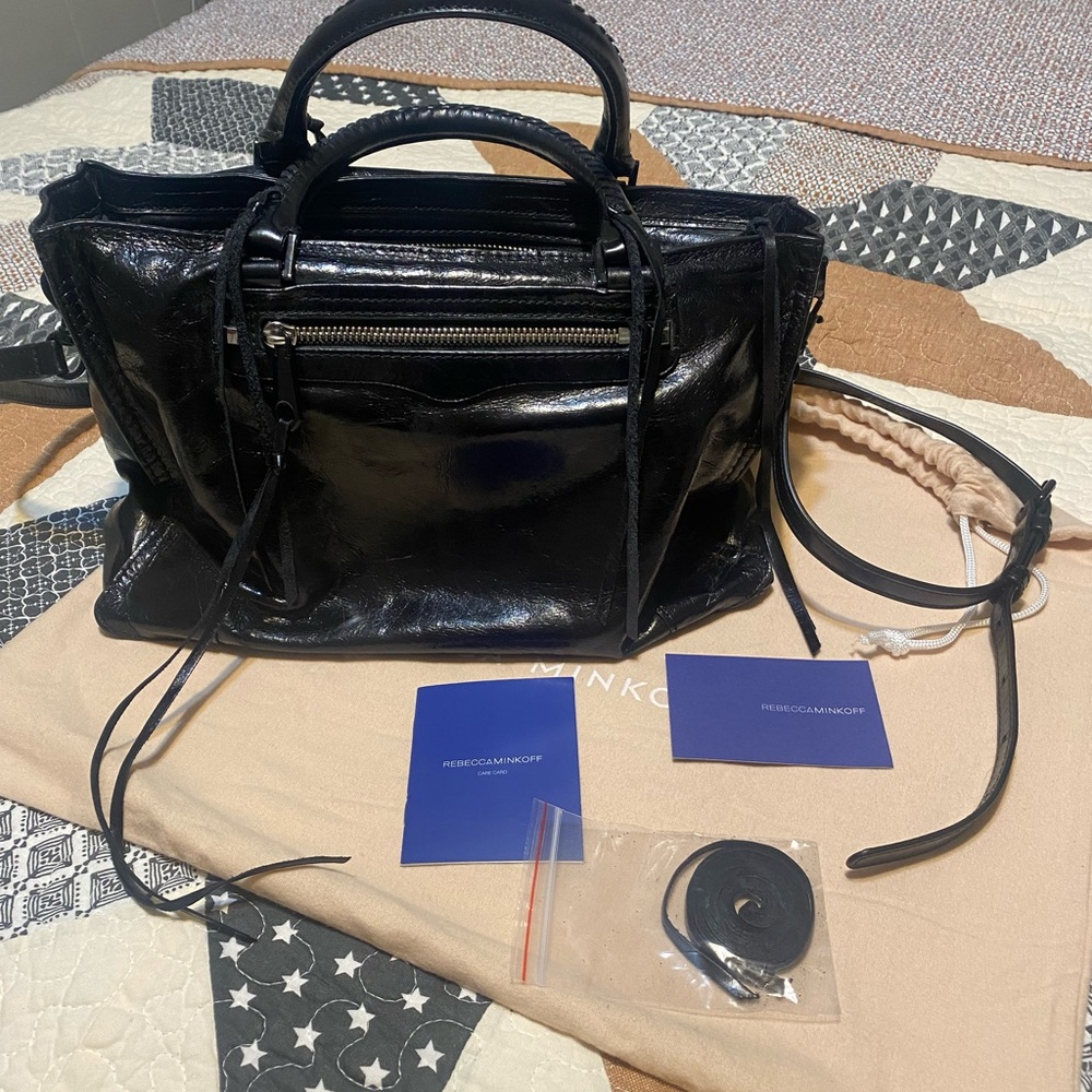Rebecca Minkoff Black Regan Satchel with Glossy Finish and Adjustable Strap